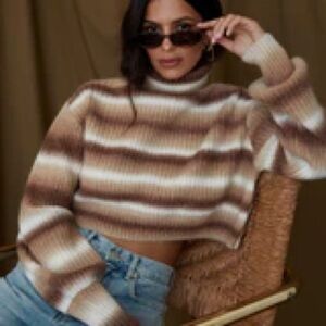 12th Tribe Brown and Cream Striped Turtleneck Sweater